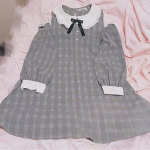 AnkRouge Harajuku Jirai kei Ryosan Grey Plaid Dress w White Collar and Black Bow